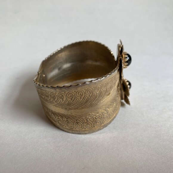 Vintage Tigerstone Gold Toned Clamp Cuff Bracelet Leaf Floral - Picture 3 of 7